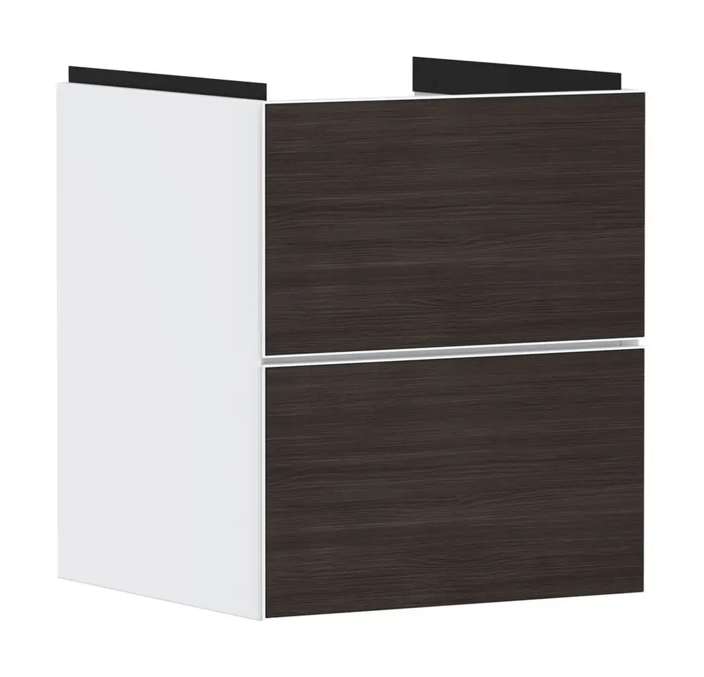 Möbelstück von Hansgrohe mit zwei Schubkästen. Die Oberflächen sind in Mattweiß und Holzoptik gehalten. Ideal für die Nutzung unter einem Handwaschbecken.